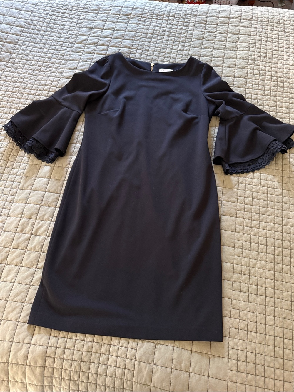 Calvin Klein Black Midi Dress with Bell Lace Sleeves